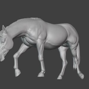 May include: A grey sculpture of a horse in a walking pose, head lowered. The horse's muscles are detailed, and the sculpture is set against a grey background. The horse's legs are slightly bent.