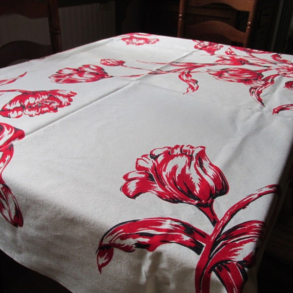 50s Mid Century Modern MCC Mod Retro Vintage TABLECLOTH Bright Bold Red Floral Tulips Colors