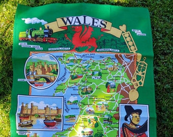 Vintage Wales Map Tea Towel, 1960s Welsh Souvenir, Linen Wall Art