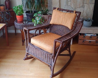 Early 1900s 1920s 1930s wicker twisted paper rocking chair rocker with wide arms new Italian brocade upholstery