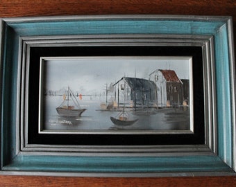 60s 70s Mid Century Oil Painting Impressionist Landscape Boats Italian Signed Wooden Frame Sailboat Nautical Art Original by Ann Amatore