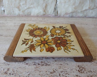 70s Mid Century Tile Trivet Wooden Semigres Italian Brown Mustard Yellow Autumn floral Colours hot plate