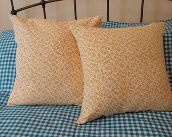 country farmhouse decor vintage calico cotton marigold pillow cover handmade golden yellow 17" square