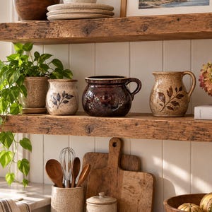 May include: Two rustic wooden shelves holding ceramic pots, a dark brown glazed crock, a speckled pitcher with a leaf design, a green trailing plant, and a book titled The Kinfolk Home. Below, wooden cutting boards and kitchen utensils are arranged.