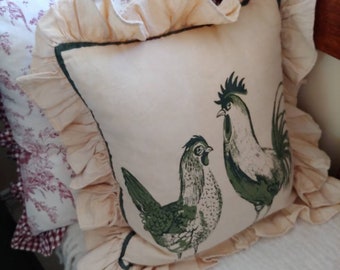 Rooster and Hen pillow with ruffles folk country cottagecore