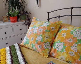 Retro 60s mod pillow RARE cotton cover handmade orange yellow floral large square