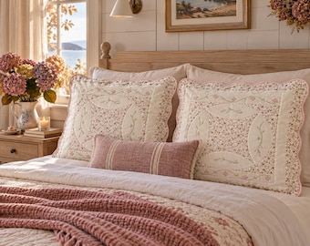 Vintage 70s Quilted pillow shams pink romantic victorian country farmhouse girly floral cream cotton cottagecore feminine large 23" by 29"