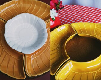 Art Deco lazy Susan Plates, Art Deco Serving Dishes, Mustard Yellow California Pottery Serving Dishes, Chip and Dip Set, Lazy Susan Plates