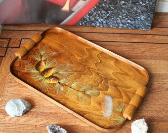 50s hand painted wooden Tray Ponderosa Pine Cone Tray with Copper Edges