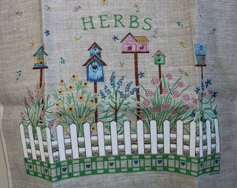 60s Kay Dee linen herb tea towel spring tablecloth ecru birdhouses