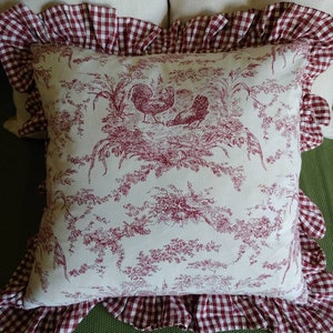 French toile pillow cover farmhouse decor cottagecore gingham rooster and hen gingham woven cotton