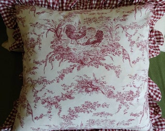 French toile pillow cover farmhouse decor cottagecore gingham rooster and hen gingham woven cotton