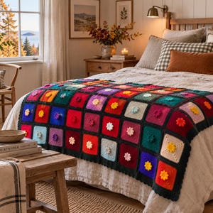 May include: A handmade crochet blanket featuring a grid of multicoloured square patches, each adorned with a raised, three-dimensional flower motif in the centre. The blanket displays a vibrant palette of red, blue, green, yellow, and purple squares.