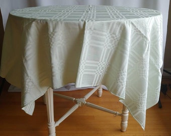 40s Finnish damask tablecloth with sheen mint green plaid pattern elegant