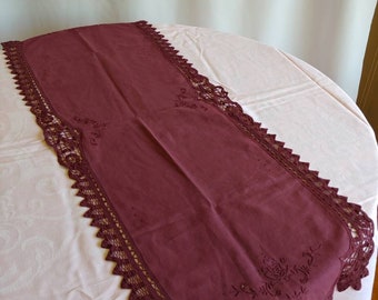 1920s battenburg lace runner embroidered tatted dyed burgundy wine purple 40 inches long