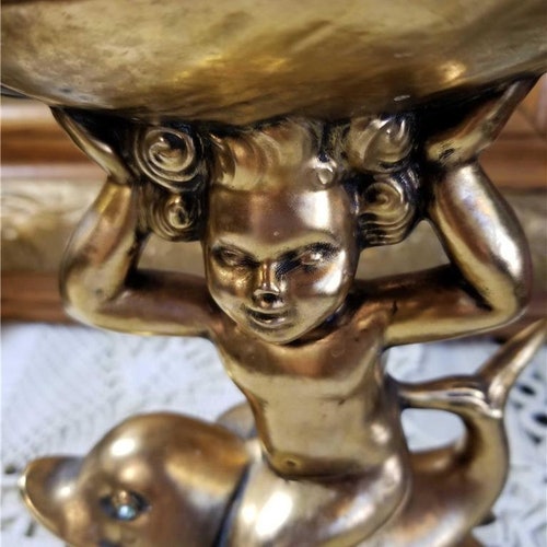 1950s Hollywood shops Regency Mid Century Soap Dish Paris Apartment French decor Shabby Chic Gold Ceramic Soap Dish Cherub Riding Dolphin