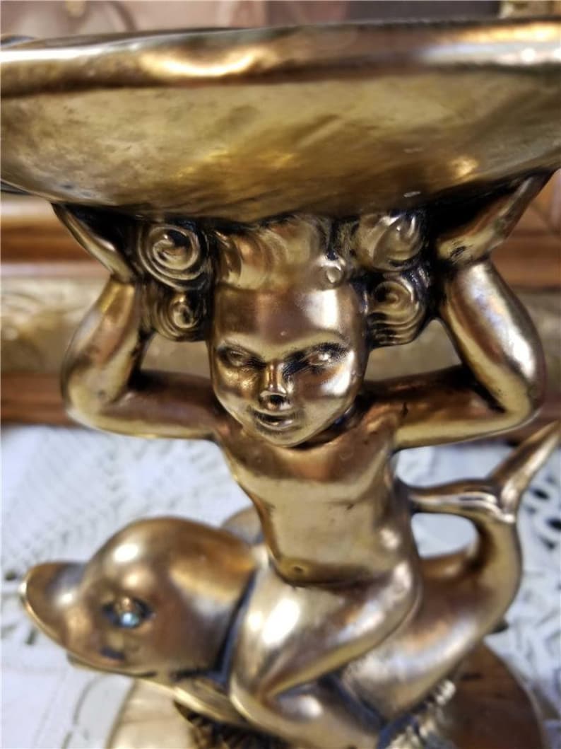 1950s Hollywood shops Regency Mid Century Soap Dish Paris Apartment French decor Shabby Chic Gold Ceramic Soap Dish Cherub Riding Dolphin