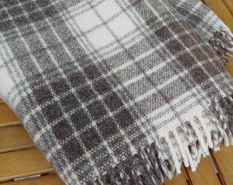 60s wool blanket New Zealand rustic Cabin farmhouse cottage decor throw plaid brown white Rusk and Finch