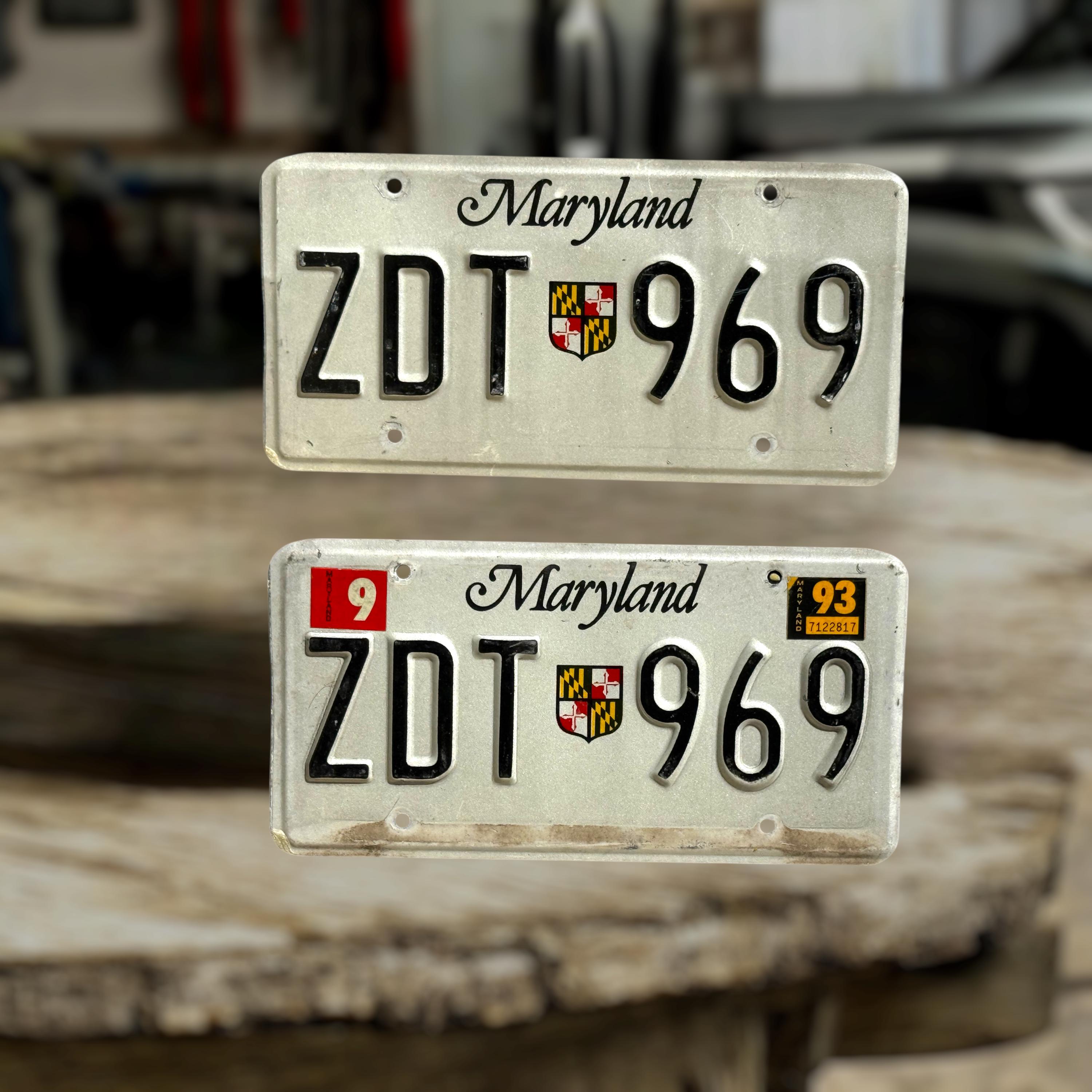 Pair of 1993 Maryland License Plates ZDT 969 – Matching Vintage