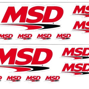 May include: A sheet of red and black MSD decals. The decals feature the MSD logo with a red swoosh and black outline. There are 10 decals in total, with 5 on each side of the sheet.