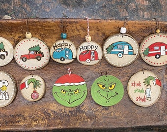 Ornaments Wood Slice Wood Burned Jeep Camper Snoopy Woodstock Grinch Christmas Trees