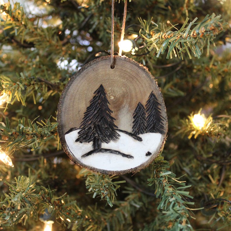 Ornaments Wood Slice Wood Burned Christmas Trees Ornaments Etsy