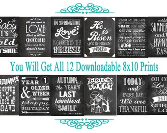 12 Downloadable 8x10 Chalkboard Prints Bundle Perpetual Art Monthly Seasonal Holidays Birthdays Family Entire Year Changeable Digital Image
