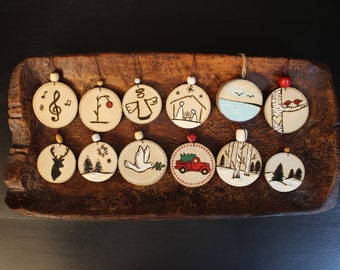 Ornaments Wood Slice Wood Burned Christmas Trees Ornaments Vintage Truck Tree Snowman Nativity Dove Hunting Music Deer Birds