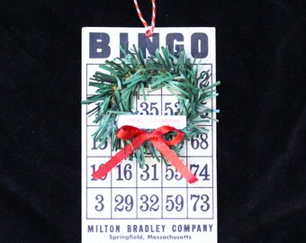 BINGO Card Vintage Art Ornament Wreath Merry Christmas Board Game Chip Marker Free Space Bow Farmhouse Rustic Decoration