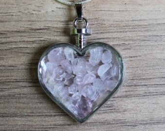 Wishing Bottle Rose Quartz - Heart Shaped With Rose Quartz Stones - 925 necklace included