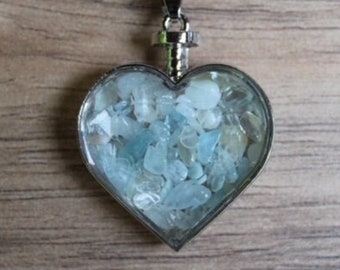 Wishing Bottle Aquamarine - Heart Shaped With Aquamarine Stones - 925 necklace included