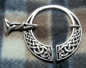 Celtic Dragons Cloak Pin 2" Penannular Brooch Antique Silver Tone CP17