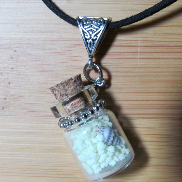 Glow in the Dark Coral Sand with a Tiny Real Sea Shell in a Glass Bottle Necklace