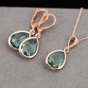 Green rose gold earrings, rose gold set Erinite, crystal earrings, rose gold bridal earrings, wedding, pierced earrings, crystal earrings, SET