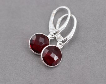 Garnet stone, sterling silver brisure n earrings, silver, red stone, crystal pendant, bridal earrings, round, garnet, wine red