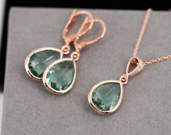 Rosègold  Ohrringe grün, rosègold set Erinite, Kristall Ohrringe, rosègold Brautohrringe, Hochzeit, topfen Ohrringe, Kristall Ohrringe, SET