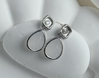 Rhodium-plated stud earrings with frosted glass pendants, bridal earrings, white earrings – a gift for her