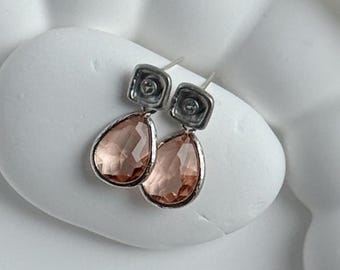 Rhodium-plated stud earrings with nude glass pendants - elegant women's earrings - a gift for her