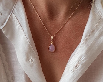 Pink Chalcedony Necklace, Gold Filled, Delicate Pink Drop Pendant, Rose Quartz Look, Birthstone October (DE)