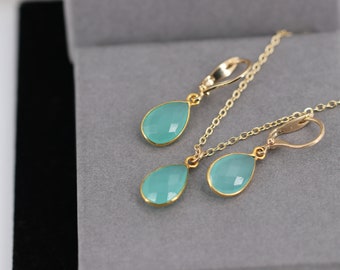 Gold filled Ohrringe, Aqua Chalcedon, Brautohrringe, Hochzeitsschmuck, Türkis, Mint, Edelstein Ohrringe, elegant, Schmuckset, Gold filled