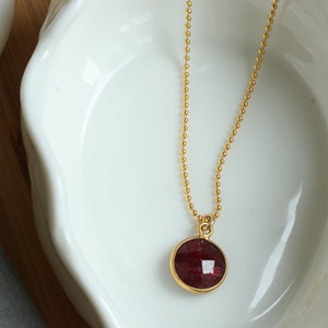 Ruby necklace, goldfilled ball chain, gold necklace, fine chain, garnet pendant, chain with ruby pendant, gold chain with pendant