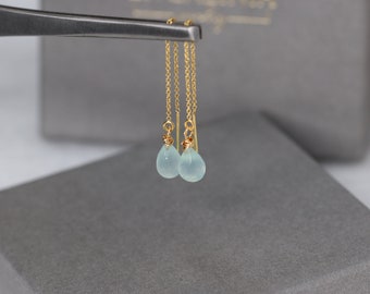 Ketting oorbellen, Aqua Chalcedoon, Lange oorbellen, Bungelen Ketting Oorbellen, Threader met Chalcedoon, 14K Goud Gevulde Threader, Chalcedoon