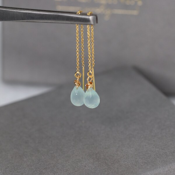 Ketting oorbellen, Aqua Chalcedoon, Lange oorbellen, Bungelen Ketting Oorbellen, Threader met Chalcedoon, 14K Goud Gevulde Threader, Chalcedoon