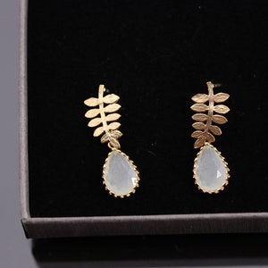 Gold stud earrings, milk glass, white, leaf plugs, silver studearrings, bridal earrings, wedding jewelry, fine jewelry, moonstone image 2