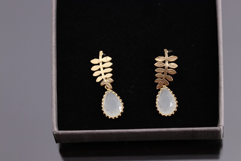 Gold stud earrings, milk glass, white, leaf plugs, silver studearrings, bridal earrings, wedding jewelry, fine jewelry, moonstone image 2