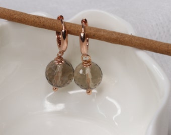 Boucles d’oreilles cerceau en or rose, boucles d’oreilles en or rose, boucles d’oreilles en quartz fumé, petites boucles d’oreilles, cerceaux, bagues, bijoux tendance, Gechenk pour elle, marron