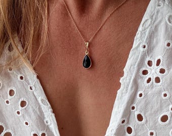 Black Onyx Necklace Gold Filled • Minimalist Gemstone Drop Pendant • Elegant Gift for Her DE • Gold-Plated Drop Pendant