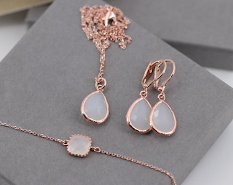 Rosègold Ohrringe, Milchstein Schmuck, Opal Ohrringe, Mondstein, Brautohrringe, Hochzeit Set rosè,