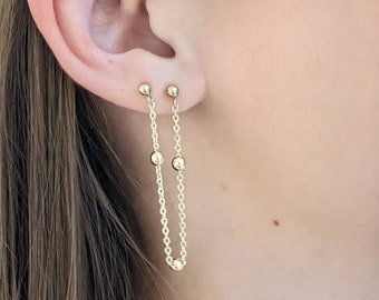 goud gevulde gouden stud oorbellen, 14k goud gevulde threader oorbellen, dubbele studs, dubbele studs, dubbele oorbellen