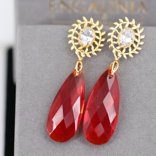 Gold Ohrstecker, Hochzeitsschmuck, Zirkonia Ohrringe, roter Stein, Ohrringe rot, Kristall Hochzeitsschmuck, Opulent, Brautschmuck